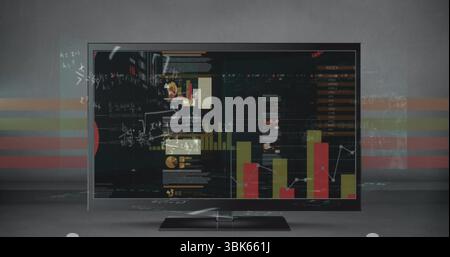 Displaying panel monitor showing bar charts, line graph and pie chart in studio, equation overlays Stock Photo