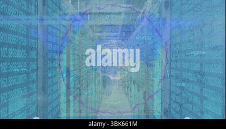 Data center corridor showing server racks streaming data and glowing AI symbol with waveform rings Stock Photo