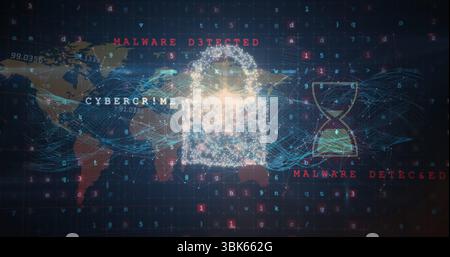 Displaying padlock icon on cyber grid, world map, waves, hourglass and CYBERCRIME or MALWARE labels Stock Photo