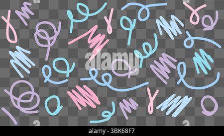 Various colorful hand-drawn doodles and sketches are scattered across a transparent background. The artwork features abstract lines and shapes in soft Stock Vector