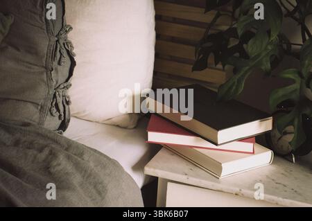 Cozy bedside table with books, plant and pillows Stock Photo