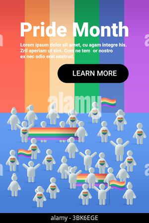 Pride month celebration LGBTQ community parade rainbow flags diverse crowd colorful background website banner Stock Vector