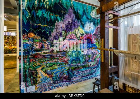 Colourful tapestry hanging in the exhibition at the Cité internationale de la tapisserie, allowing the motif to be viewed from both the front and the back. Rue Williams Dumazet, Aubusson, Nouvelle-Aquitaine, France Stock Photo