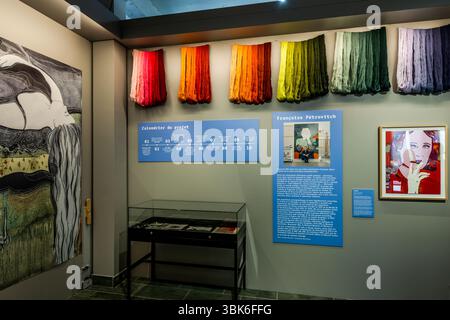 The special exhibition on the tapestry "Hommage à George Sand" by Françoise Pétrovitch at the museum at the Cité internationale de la tapisserie on Rue des Arts in Aubusson, Creuse, Nouvelle-Aquitaine, France displays skeins of wool in graded colour series, information panels and designs. Skeins of wool in red, orange, yellow-green, green, grey-green and violet hang above the panels. The panel "Calendrier du projet" divides the project into ten steps. In English: 'Project calendar'. Next to it, a panel with a photograph introduces the artist. On the left hangs a large painted sheet from the ar Stock Photo