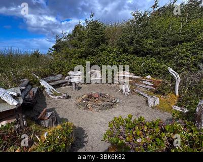 fire pit at South Beach near Naikon Park on Haida Gwaiii Island - British Columbia, Canada Stock Photo