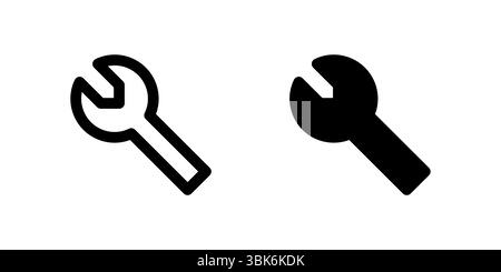 Wrench icon set depicting tool for gripping or turning bolts in mechanical and construction settings. Stock Vector