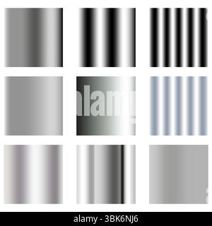 Metallic texture sample. Chrome gradient palette. Shiny steel surface. Vector silver set. Stock Vector