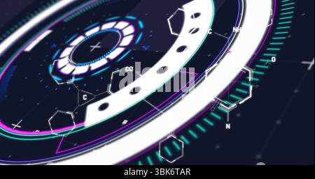 Displaying HUD interface rotating cyan rings at control panel, with hexagon molecular icons labeled Stock Photo