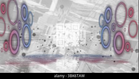 Glowing central square code radiating lines at virtual map background, with colored ring clusters Stock Photo