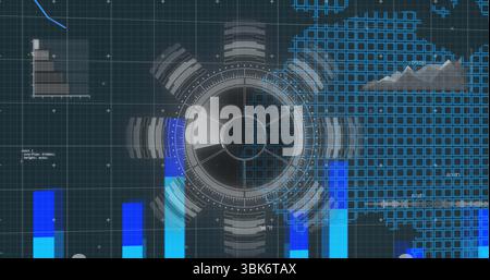 Displaying circular HUD element rotating on dashboard, with blue bar, line graphs, data labels Stock Photo