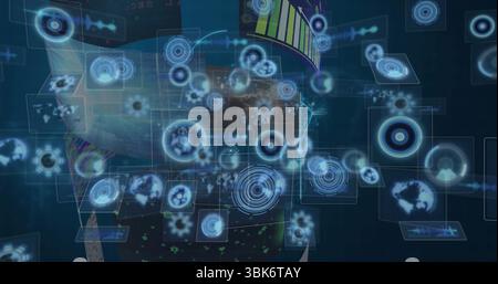 Floating holographic UI widgets forming display in dark space, with circular HUDs and bar charts Stock Photo