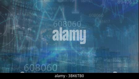 Displaying financial overlay covering city skyline at dusk, with translucent charts and tickers Stock Photo