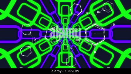 Featuring central neon green and purple loop tunnel in digital space, with white molecular overlays Stock Photo