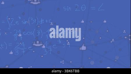 Displaying illustration merging equations with connected nodes on blue backdrop, with social icons Stock Photo