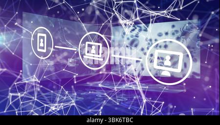 Displaying linked phone laptop desktop icons with silhouettes and code in purple-blue network mesh Stock Photo
