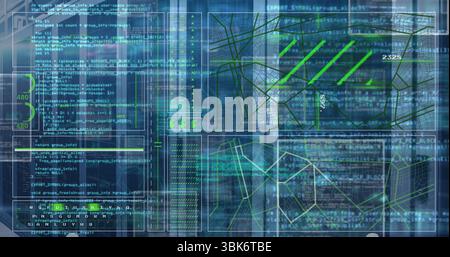 Displaying translucent dashboard showing code panels in virtual interface, with wireframe maps Stock Photo