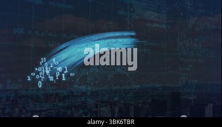 Flowing blue brush-stroke data trail with binary clusters across nighttime city skyline, with code Stock Photo