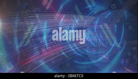 Streaming data streams to glowing sphere in network with binary code, network icons, copy space Stock Photo
