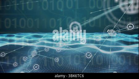 Displaying blue grid streaming in virtual data space, with binary digits overlay, globe chart icons Stock Photo