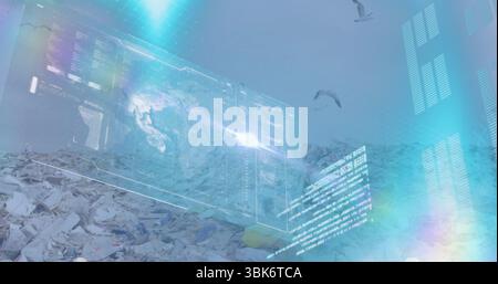 Floating interface displaying code streams over trash-strewn dump site, with 3D globe and seagulls Stock Photo