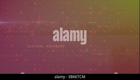 Displaying DIGITAL SECURITY text occupying center on screen, with code grid, malware warnings Stock Photo