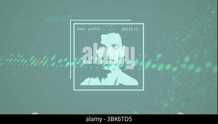 Displaying pixelated user profil avatar on teal interface with grid, code 00073 Stock Photo