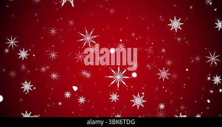 Floating white snowflake shapes over red backdrop, showing light spots and particle fragments Stock Photo