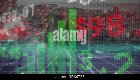 Displaying green bar chart rising with arrow over trading screen, indicating market momentum Stock Photo