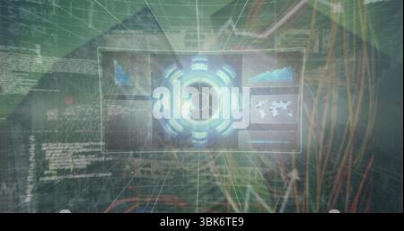 Displaying holographic interface floating over grid plane, with glowing blue hub and data panels Stock Photo