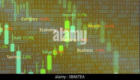 Displaying visualization on screen with candlestick bars, binary stream, colored percentages Stock Photo