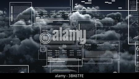 Projecting panels over dark clouds: wireframe UI, code blocks, keyboard icon and circular overlays Stock Photo