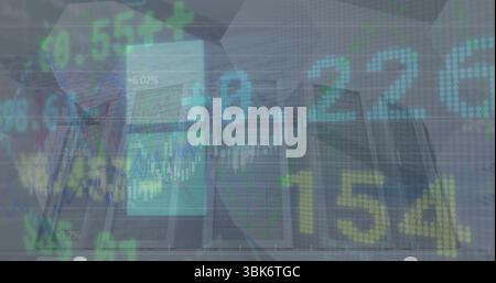Displaying digital stock ticker overlay covering city skyline with candlestick charts, numeric data Stock Photo