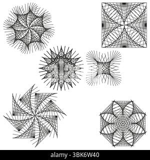 Spirograph shapes set. Radial abstract elements. Geometric pattern pack. Vector decorative forms. Stock Vector