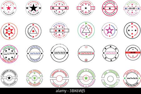 Colorful Promotional Badge Collage with Multi‑colored Stars, Circular Stamp Effects and Space for Custom Discount or Campaign Text Stock Vector