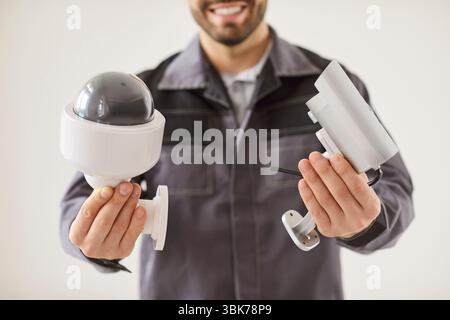 CCTV wall dome or bullet camera choosing, buying system for viewing and recording, motion detection Stock Photo