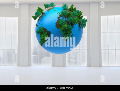 Large blue Earth globe is floating in 3D render hall with polished floor, featuring green trees Stock Photo
