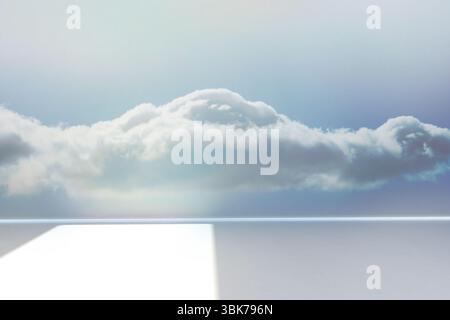 Large white cumulus cloud is hovering over reflective plane in flat design with sharp light band Stock Photo