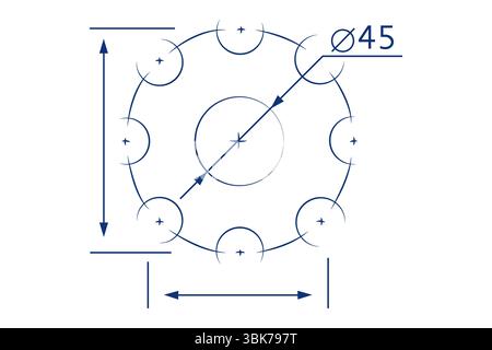 showing schematic with central circle, nine outer circles and dimension arrows on white background Stock Photo