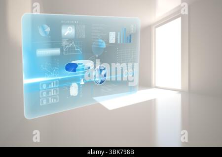 Translucent holographic panel floating in minimal white room showing charts and icons in 3D render Stock Photo