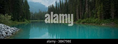 Turquoise mountain lake is reflecting tall evergreens and gray rocks in flat vector style Stock Photo