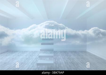 Floating staircase is ascending into cloud mural in gallery room with wooden floor, flat design Stock Photo