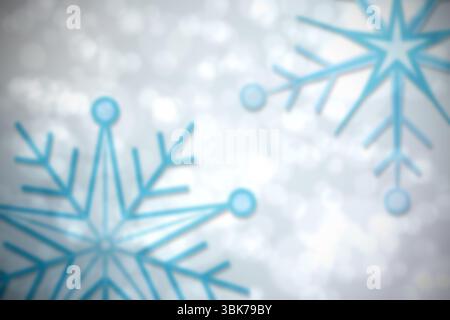 Two stylized blue snowflake shapes are floating on winter flat design background with soft bokeh Stock Photo