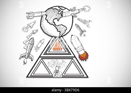 Pyramid featuring executive, cubes, globe and rockets is being shown as sketch on white background Stock Photo