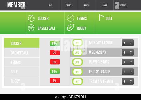 Flat design sports member dashboard is showing icons badges live toggles on transparent background Stock Photo