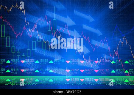 Flat design display is showing pink yellow line graphs and green candlestick bars with price ticke Stock Photo