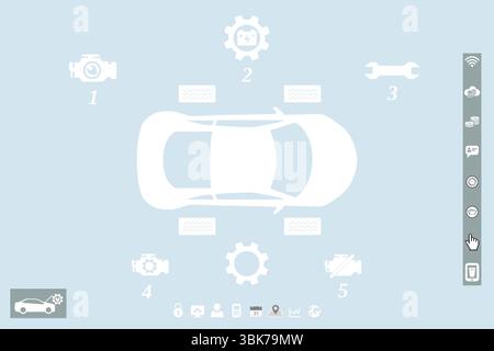 Flat design dashboard interface is showing top-down white car silhouette with numbered engine icons Stock Photo