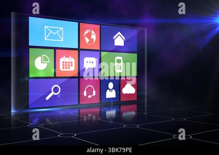 3D render is showing translucent glass panel floating above grid in virtual space with icon tiles Stock Photo