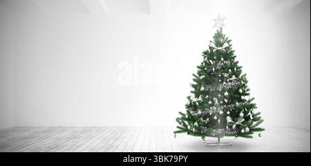 Decorated fir tree is standing in minimal flat design room with silver tinsel, glowing star topper Stock Photo