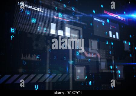 Displaying semi-transparent panels with 3-bar chart on grid, drifting alphanumeric, circuit lines Stock Photo