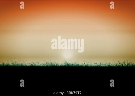 Bright glowing sun is rising over grassy silhouette in flat design illustration, gradient sky Stock Photo
